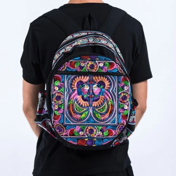 HMONG HILL TRIBE EMBROIDERED PEACOCK BACKPACK IN PURPLE